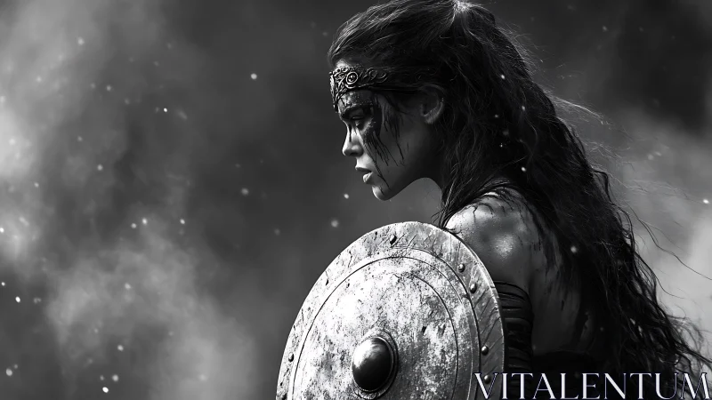 Warrior maiden in battle haze, monochrome profile study.