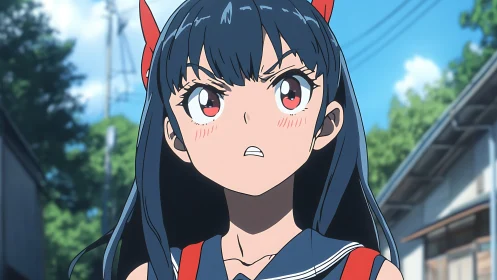 Anime schoolgirl in dynamic upward angle with intense expression