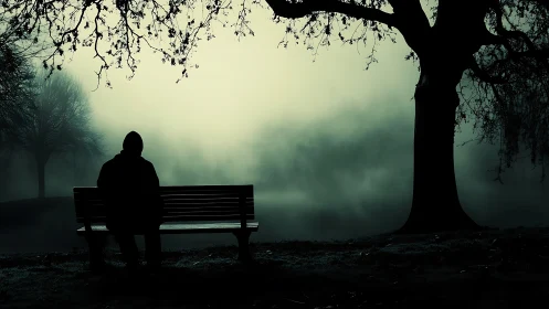Moody park bench silhouette in fog with cinematic contrast.