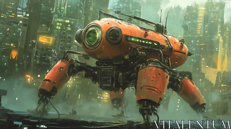 Orange quadruped mech patrols foggy cyberpunk cityscape.
