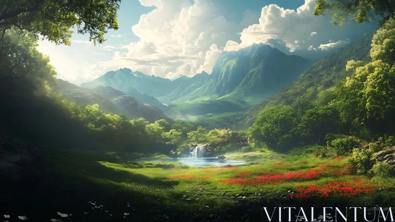 Lush valley meadow with waterfall under towering mountains.