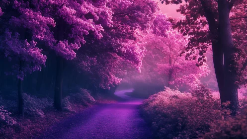 Neon-infused forest pathway with magenta luminescence and atmospheric depth.