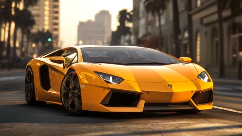 Yellow supercar idles on sunlit city street at golden hour