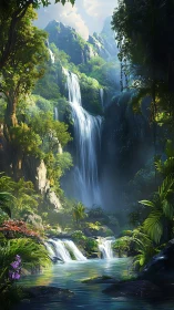 Verdant cascade realm where jungle cliffs breathe mist.