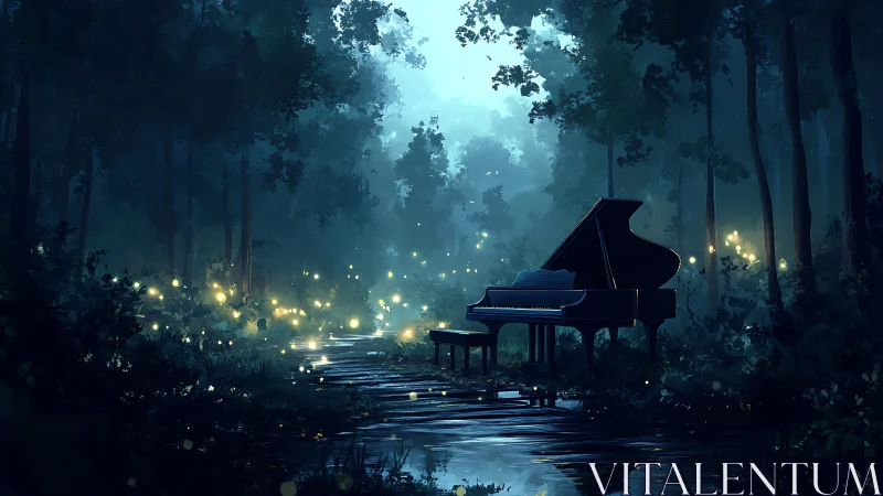 Midnight fireflies crown a lone piano in a dreaming forest