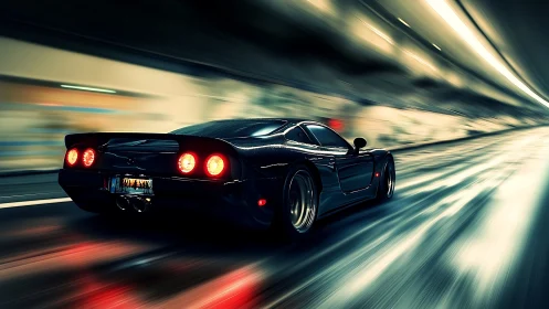 High-gloss sports car accelerates through tunnel with strong motion blur