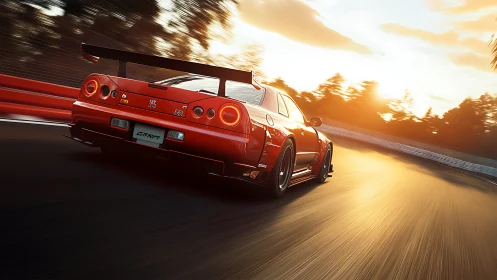 Red sports car races into a blazing golden sunset on track