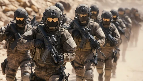 Armored tactical infantry column advancing through desert theater.