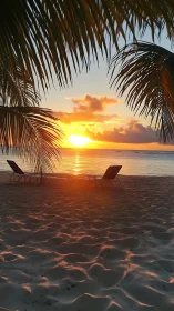 Photorealistic tropical beach sunset framed by palms.