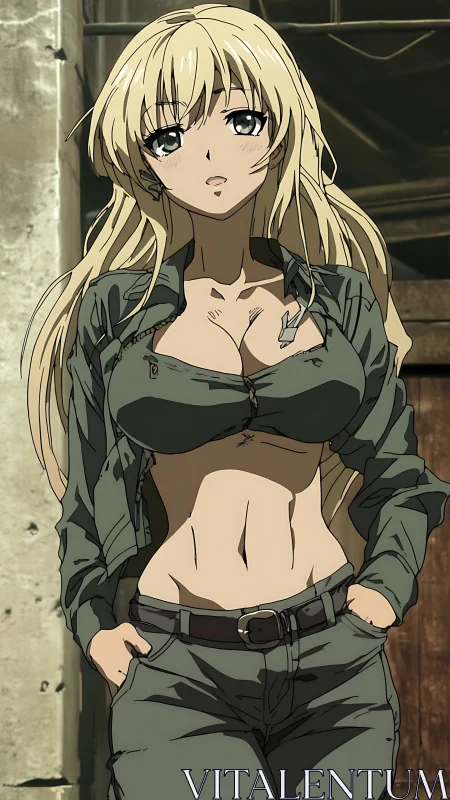 Confident blonde anime woman strolls through worn city street