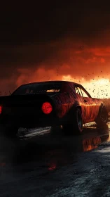 Muscle car tears through stormlit road under burning sky.