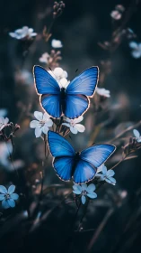 Gentle blue butterflies share a quiet moment among flowers