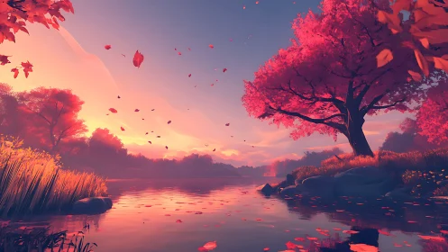 Autumn river glows beneath pink trees at tranquil sunset