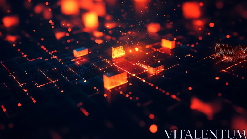 Glowing data blocks drift across a midnight digital skyline.