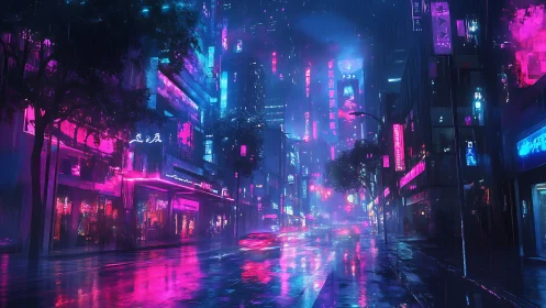 Neon cyberpunk street under rain with glowing city lights.