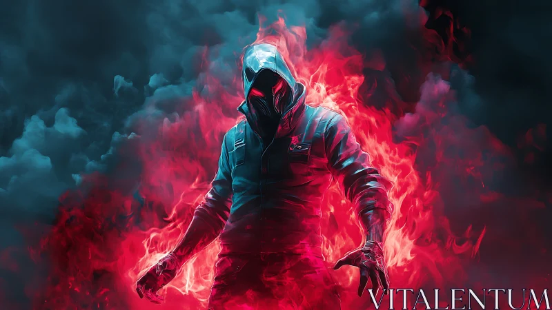 Hooded firewalker strides through stormclouds of neon rage