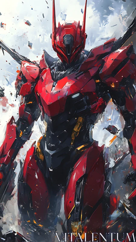 Red armored humanoid mecha amid fragmented debris field.