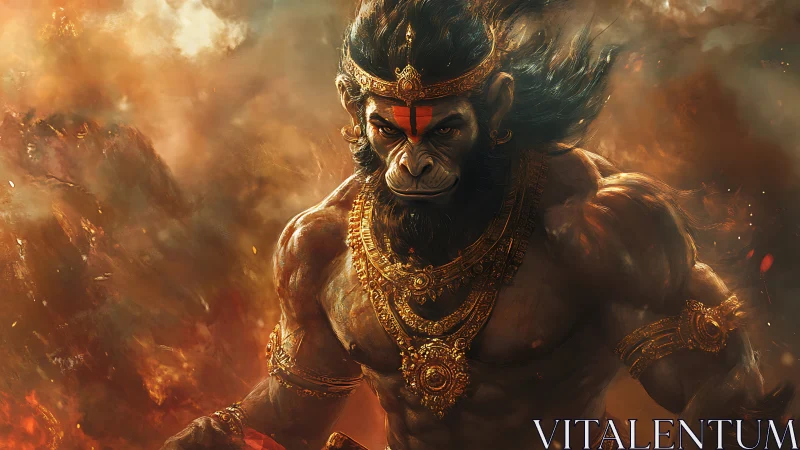 Fierce mythic warrior radiating strength and fiery devotion.