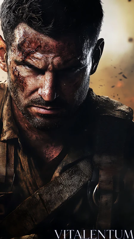 Battle-hardened soldier stares ahead through drifting embers