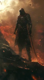 Hooded dark knight on volcanic slope with flaming sword drawn