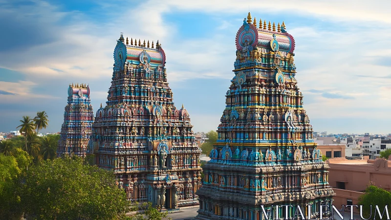 Multi-tiered South Indian temple towers in urban setting.