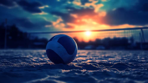 Beach volleyball ball on sand at dramatic sunset scene.