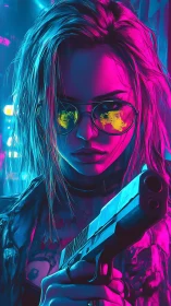Neon lit cyberpunk vigilante aims handgun toward viewer