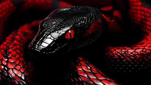Hyperreal coiled black and red snake rendered in dramatic light