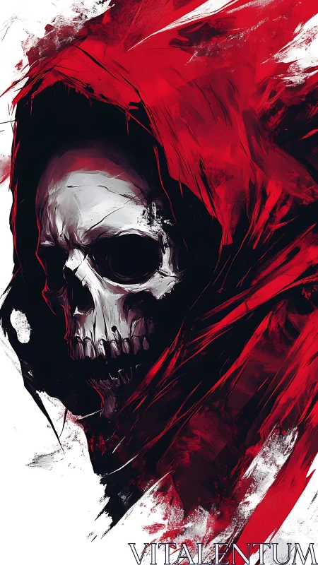 Grim reaper skull portrait in red hood, dynamic brush strokes