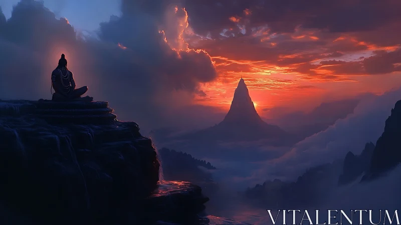 Meditating sage above misty valley at blazing sunrise.