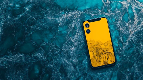 Smartphone with golden marble screen rests on teal water surface