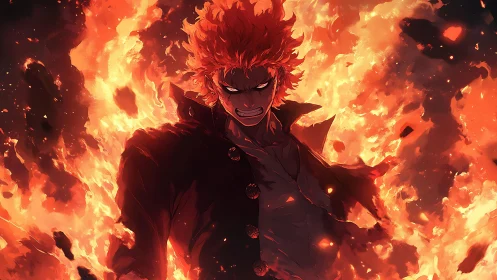 Fire-wreathed anime warrior emerging through roaring flames.