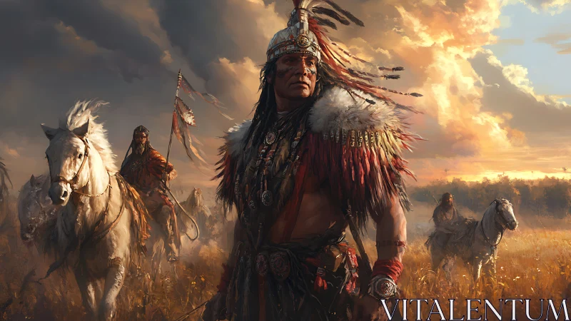 Indigenous horsemen in feathered regalia crossing grassland.