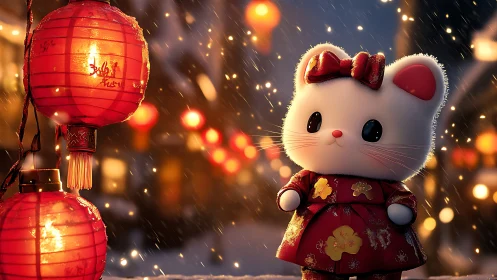 Cute white cat figurine in red dress under lanterns.