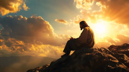 Solitary robed figure praying against blazing mountain sunset.