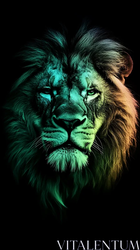 Neon gradient lion portrait rendered against black background