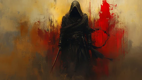 Hooded dark warrior stands before red and ocher mist.