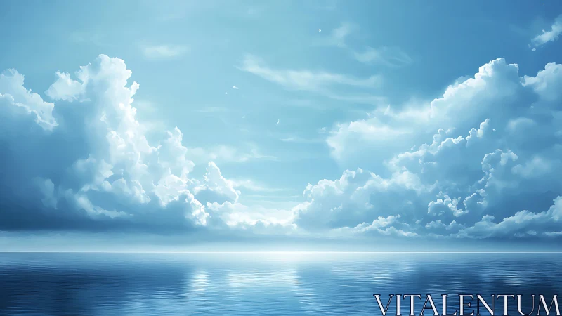 Digital seascape with cumulus cloud architecture and horizon light.