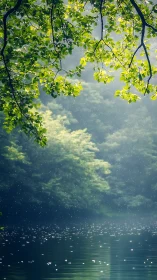 Rain Over Water: Hanging Branches Frame Stormy Sky.