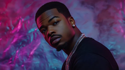 Cool confidence glows under bold neon pink and blue light