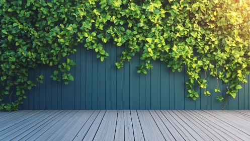 Photorealistic vertical garden on teal slatted wall facade.