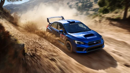 Blue rally car drifts through dusty mountain dirt corner