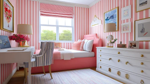 Striped pink daybed nook turns sunlight into soft candy calm