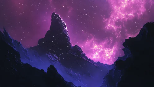 Cosmic mountain silhouette crowned by radiant purple nebula.