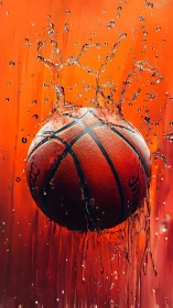 Basketball splash impact against vivid orange backdrop.
