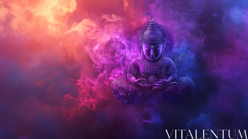 Radiant meditative deity rests within swirling cosmic light