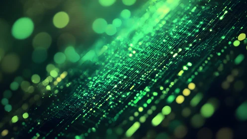 Abstract digital green matrix with glowing particles and bokeh effect.