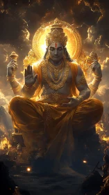 Radiant golden deity seated in lotus pose amid divine flames