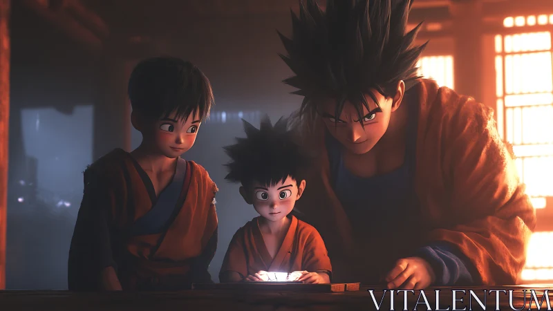 Three anime characters study glowing object on table indoors.