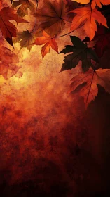 Glowing autumn leaves drift over a textured ember sky
